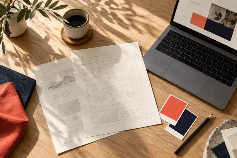 Wireframes, colour swatches and a laptop on a desk