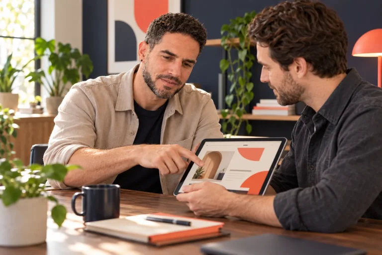 Gal reviewing a website design on a tablet with a client