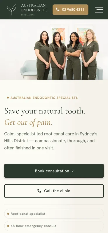Australian Endodontic Specialists homepage on a phone