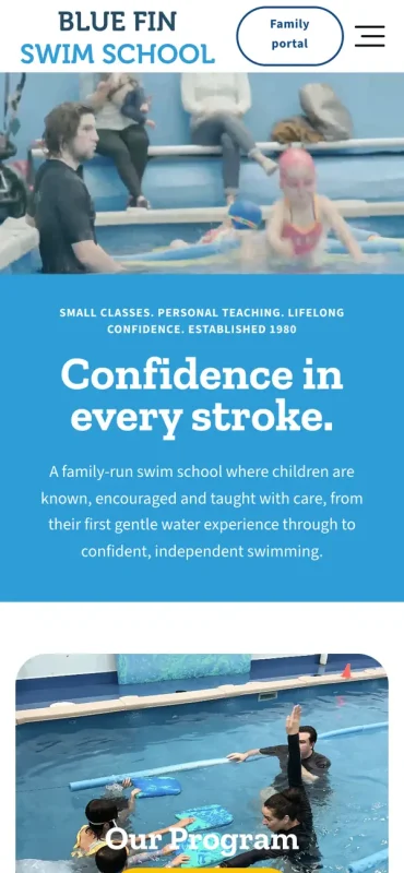 Blue Fin Swim School website on a phone