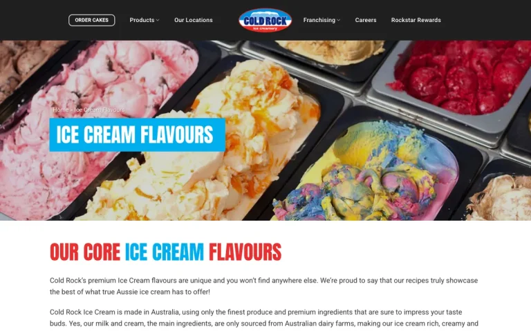 Cold Rock ice cream flavours page