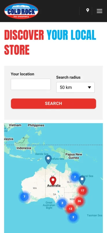 Cold Rock store finder on a phone