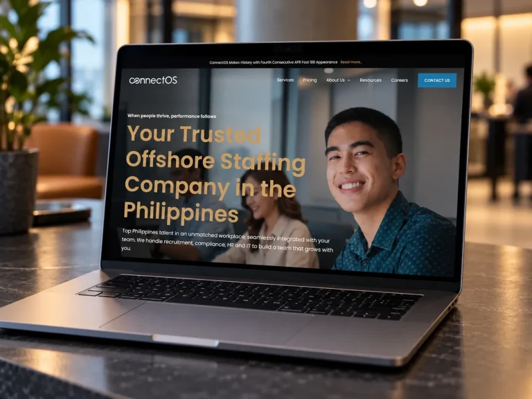 The ConnectOS website on a laptop in a business lounge