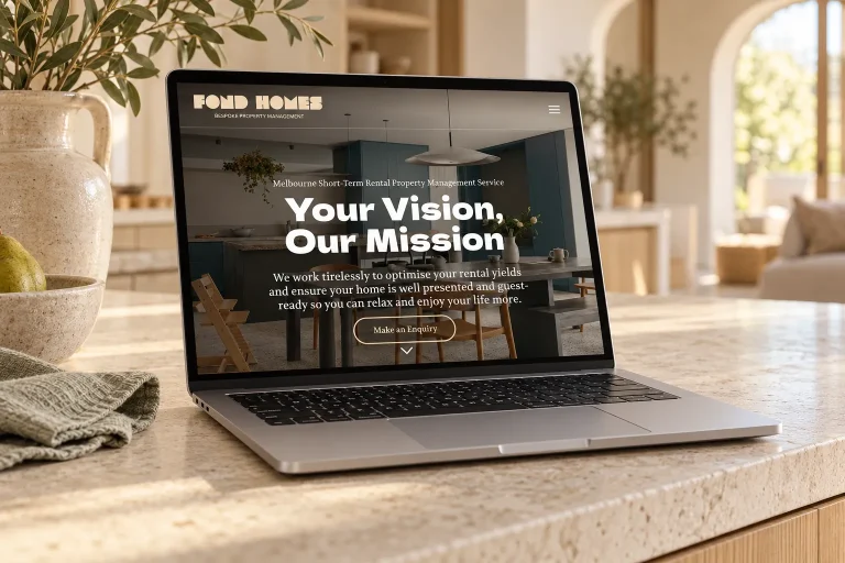 The Fond Homes website on a laptop in a kitchen