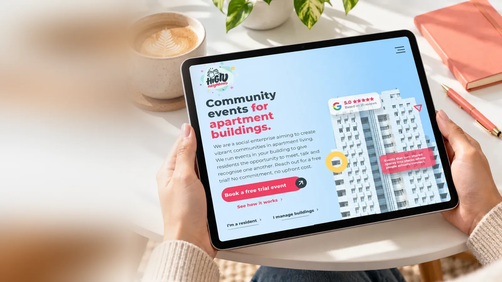 The High Neighbour website on a tablet