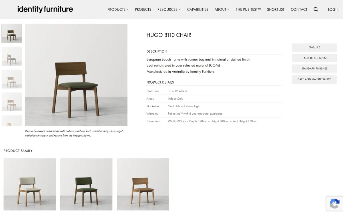 Identity Furniture product page with shortlist and quote options
