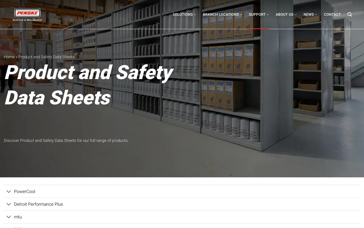 Penske Product and Safety Data Sheets page