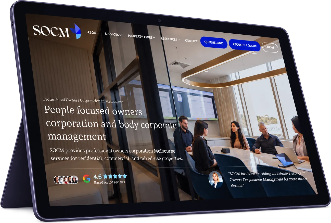 The SOCM website on a tablet
