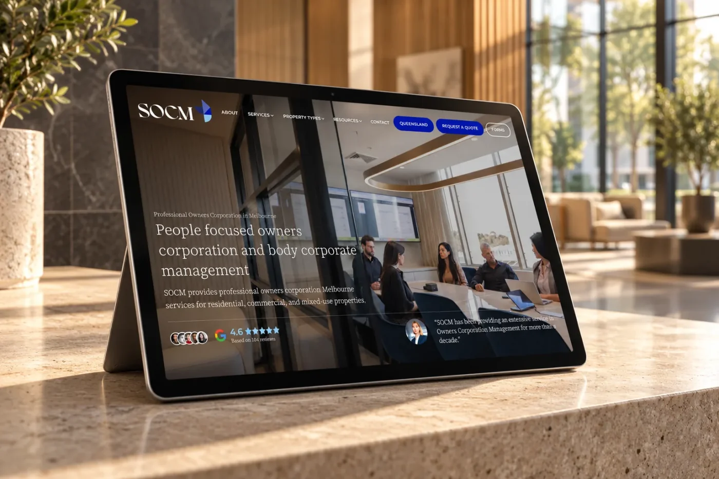 The SOCM website on a tablet