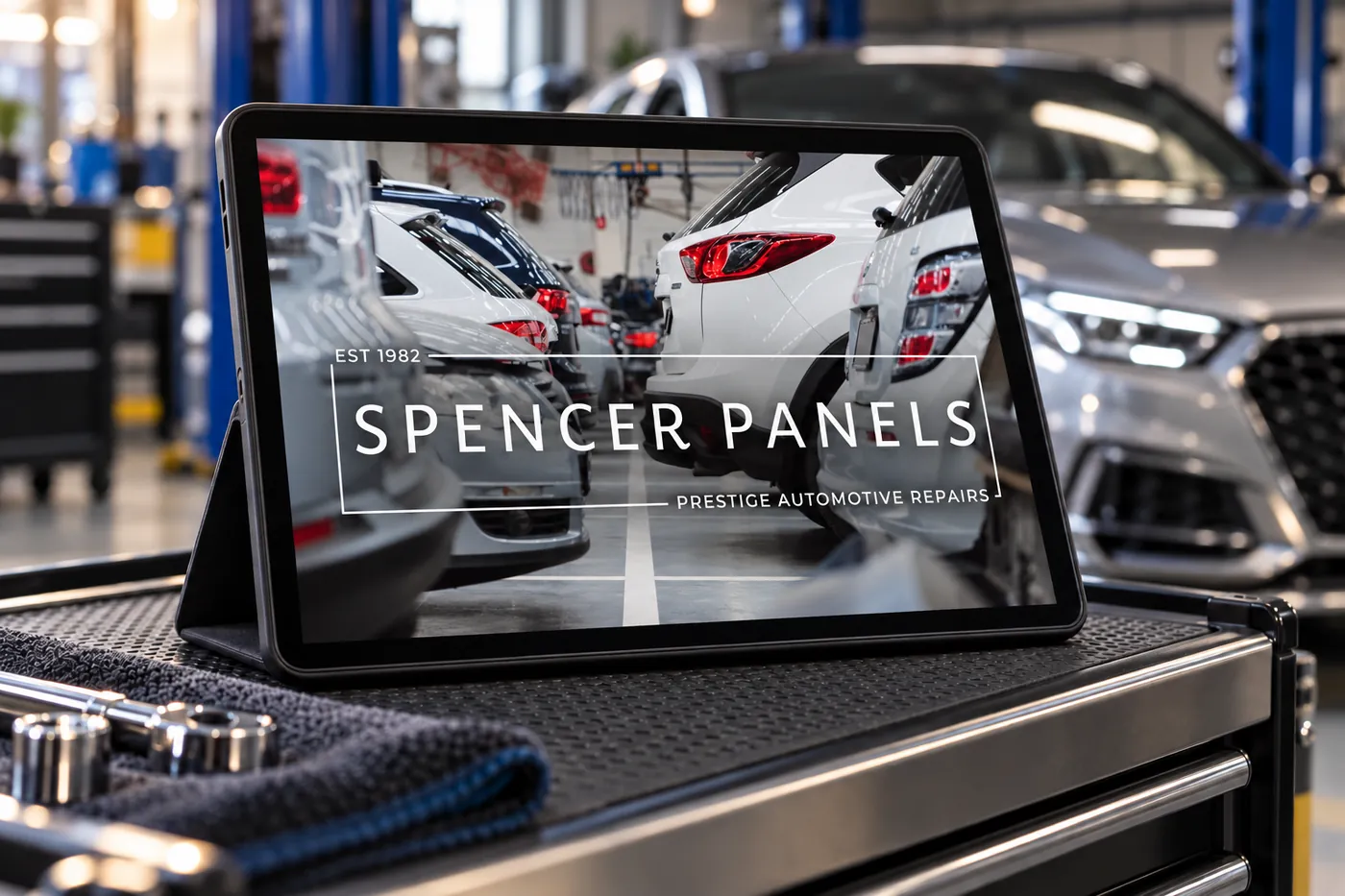 The Spencer Panels website on a tablet in a workshop