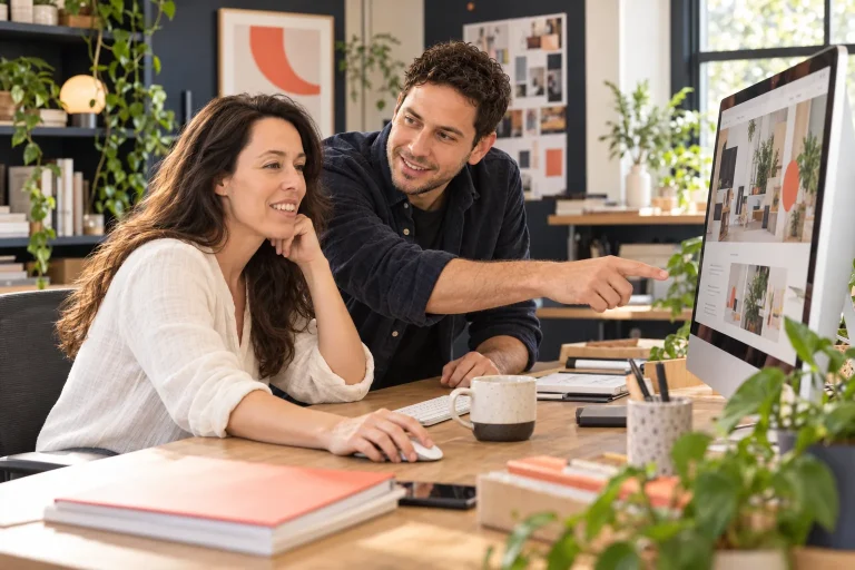 Merylin and Ofir reviewing a design and its build