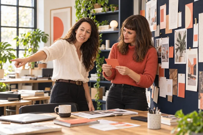 Lucy and Merylin planning messaging on a wall of notes