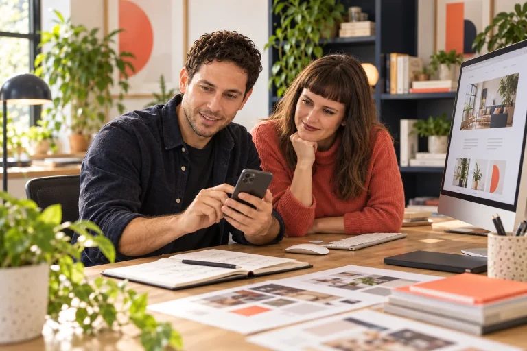 Ofir and Lucy reviewing a website on a phone