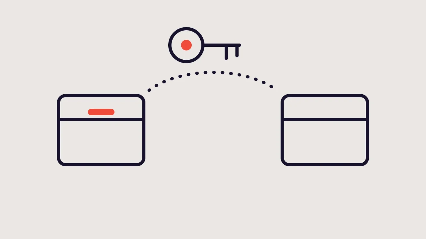 Illustration: Two interlocking shapes, one solid and one outlined, with a small key-shaped notch passing from one to the other, suggesting handover